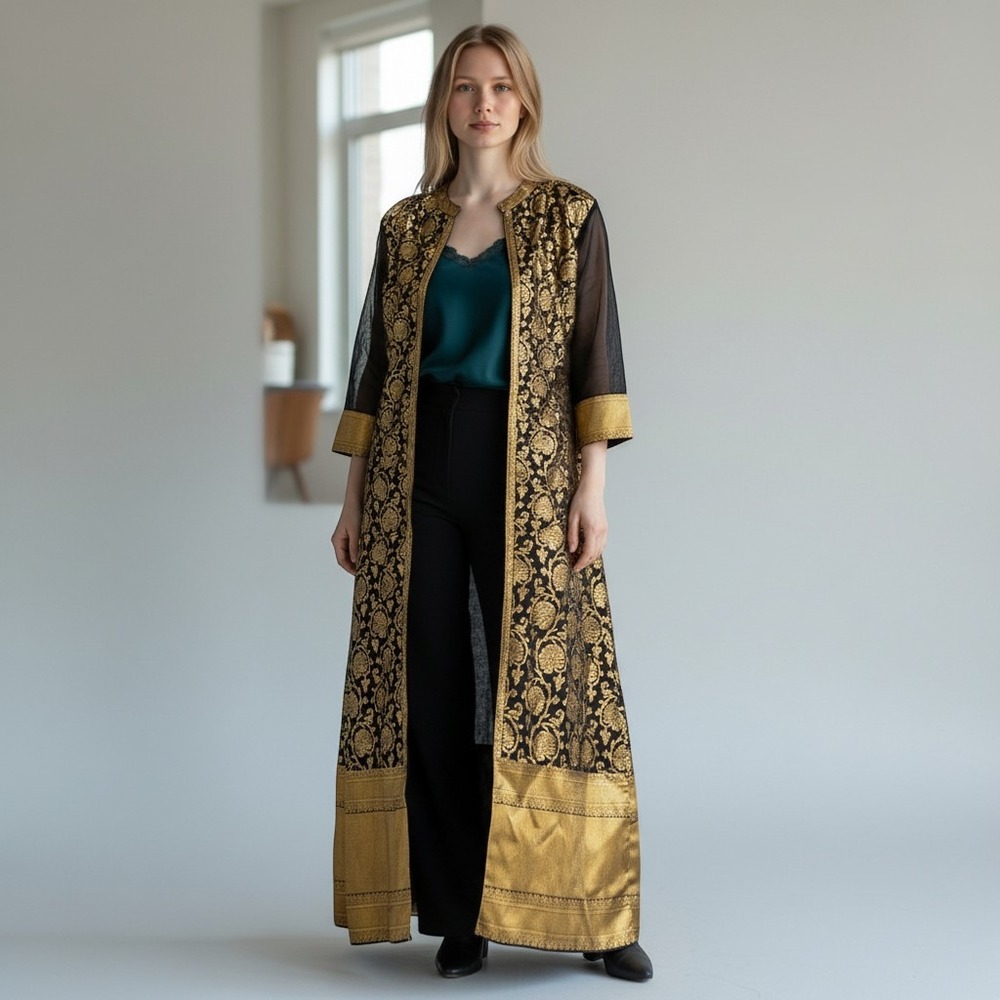 Biba Black Gold Floral Brocade Longline Tunic Duster Jacket Sheer Sleeve Size 32